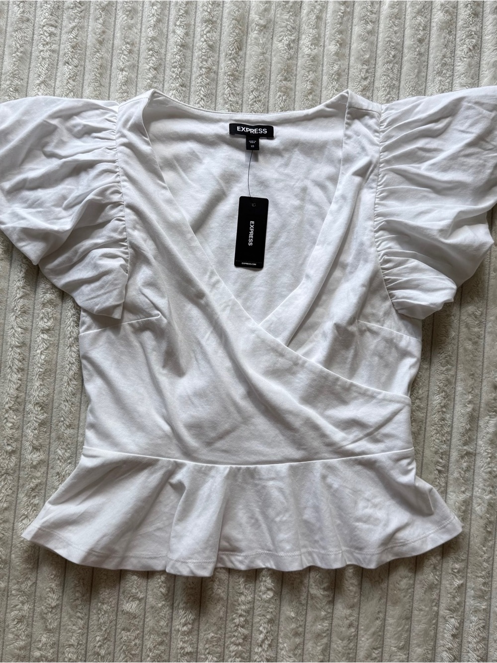 Express Women's White Short Sleeve Peplum Blouse Ruffle XS Cotton